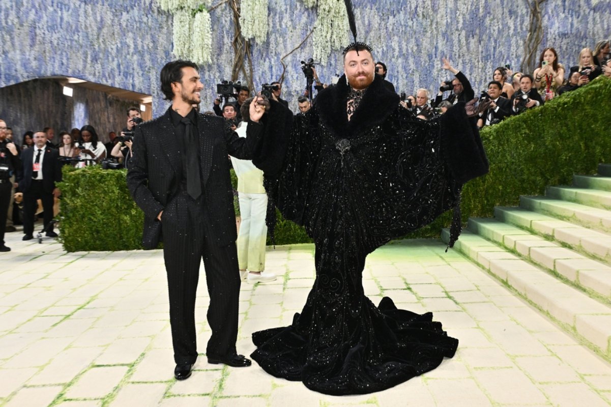 Christian Cowan, left, and Sam Smith arrive at The Metropolitan Museum of Art's Costume Institute benefit gala celebrating the opening of the 